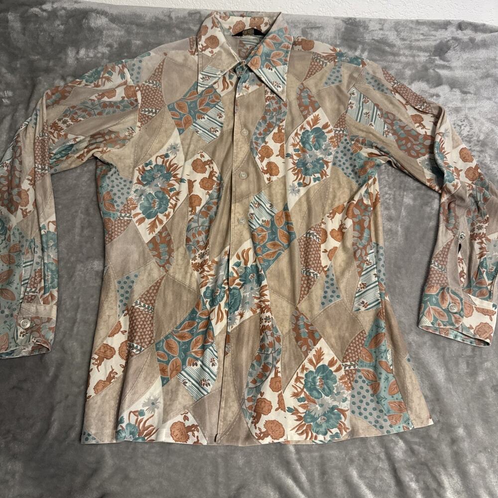 Vintage Cellini Shirt Mens Large L 70s Colors & Style Disco Dagger Collar Floral